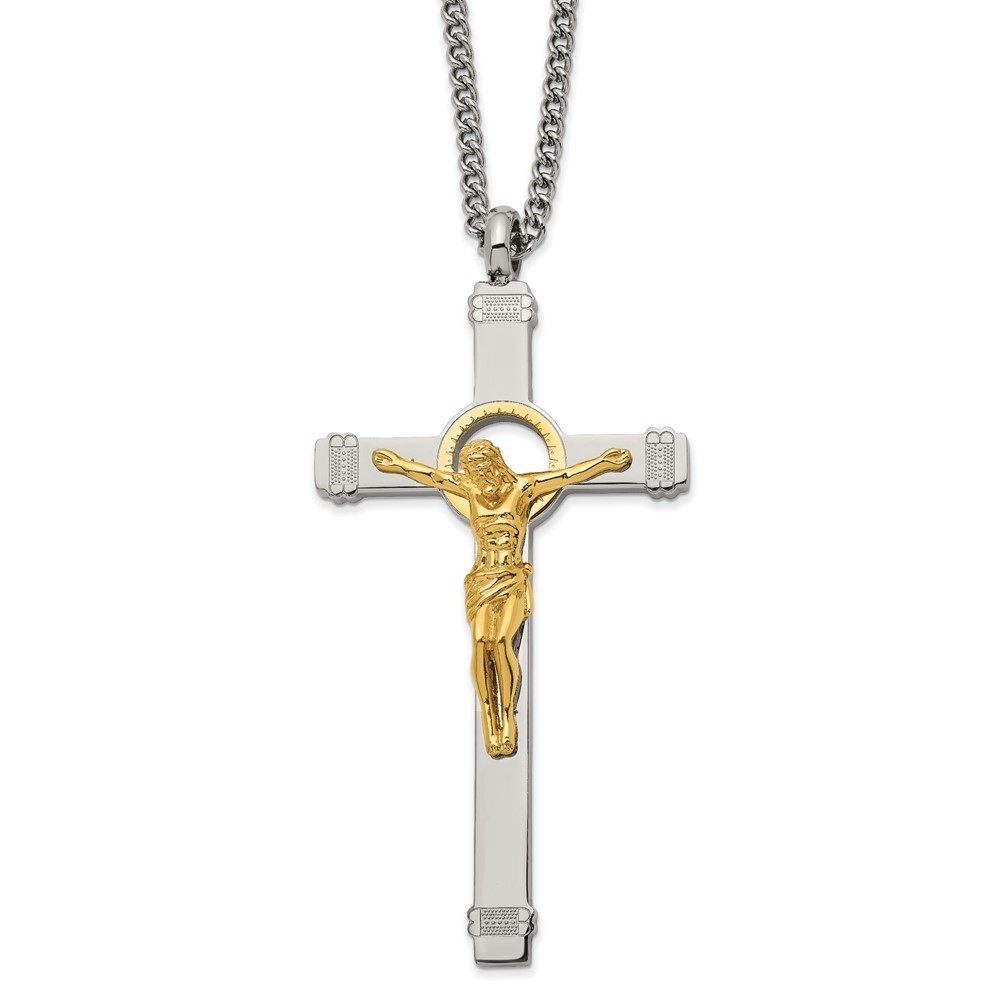 Chisel Stainless Steel Yellow IP-plated Crucifix Charm w 24" Curb Chain Necklace